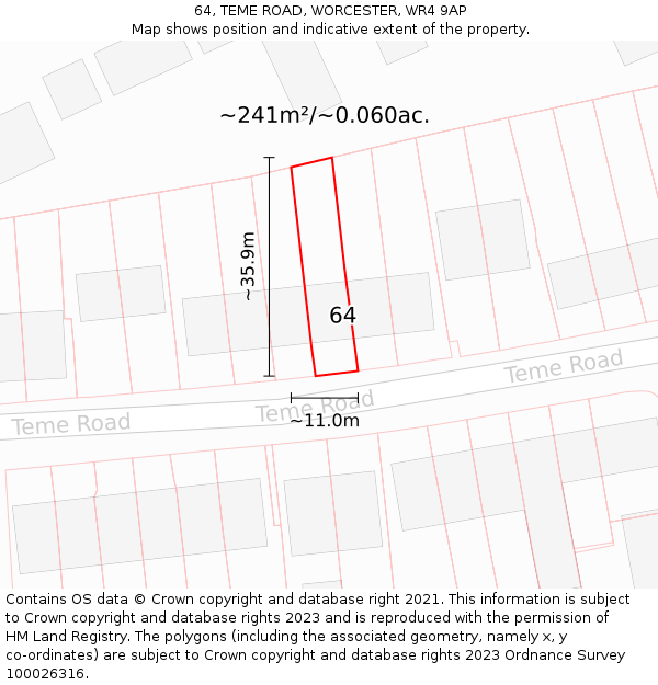 64, TEME ROAD, WORCESTER, WR4 9AP: Plot and title map