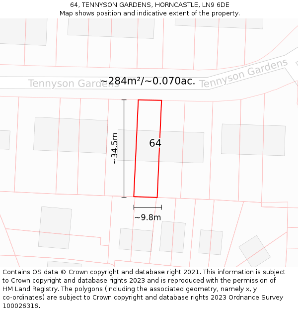 64, TENNYSON GARDENS, HORNCASTLE, LN9 6DE: Plot and title map