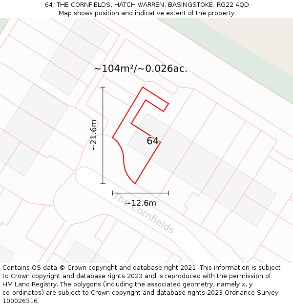 64, THE CORNFIELDS, HATCH WARREN, BASINGSTOKE, RG22 4QD: Plot and title map