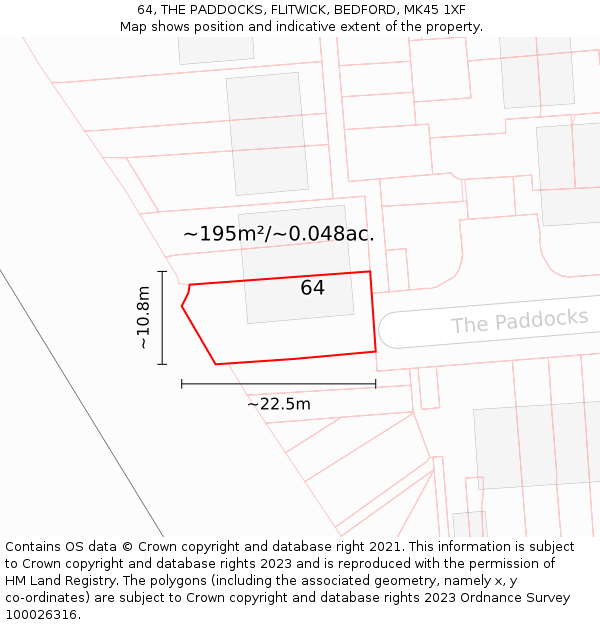 64, THE PADDOCKS, FLITWICK, BEDFORD, MK45 1XF: Plot and title map