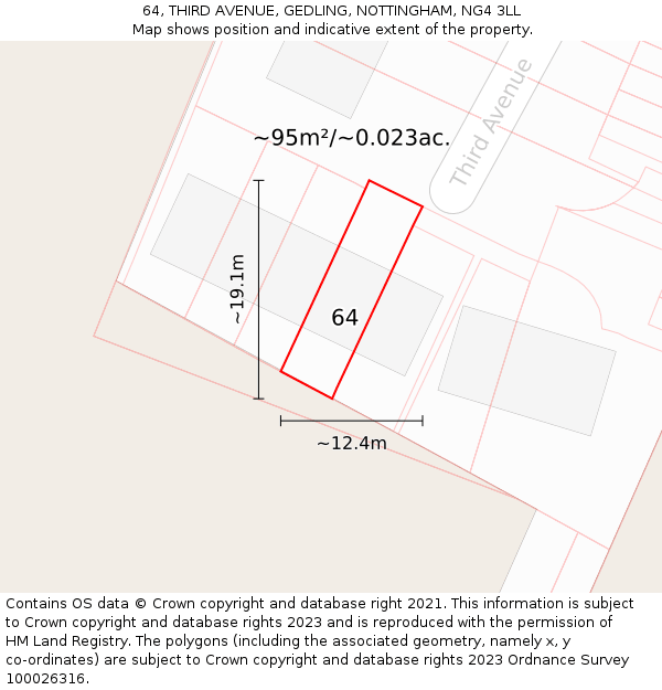 64, THIRD AVENUE, GEDLING, NOTTINGHAM, NG4 3LL: Plot and title map