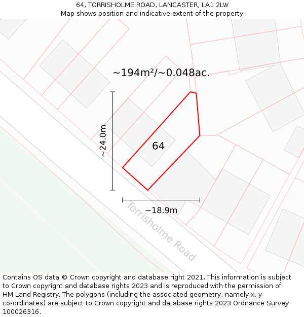 64, TORRISHOLME ROAD, LANCASTER, LA1 2LW: Plot and title map