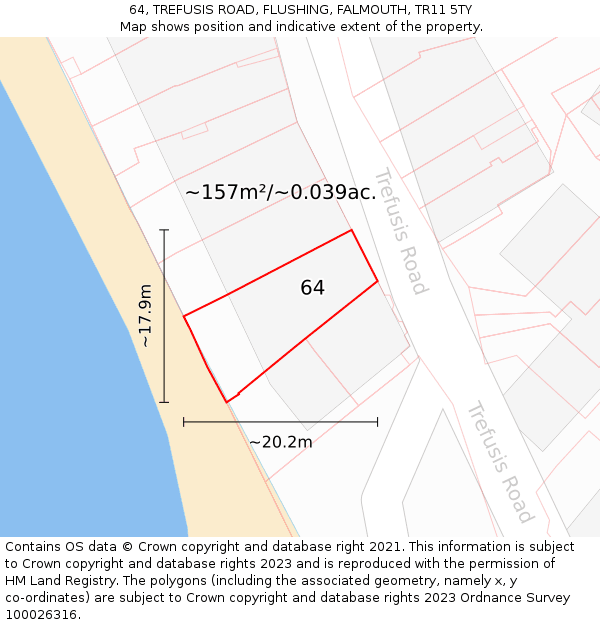 64, TREFUSIS ROAD, FLUSHING, FALMOUTH, TR11 5TY: Plot and title map