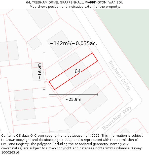 64, TRESHAM DRIVE, GRAPPENHALL, WARRINGTON, WA4 3DU: Plot and title map