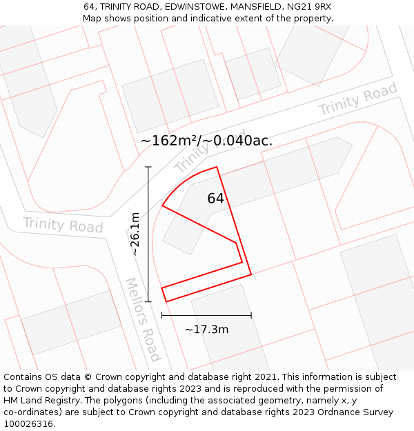 64, TRINITY ROAD, EDWINSTOWE, MANSFIELD, NG21 9RX: Plot and title map
