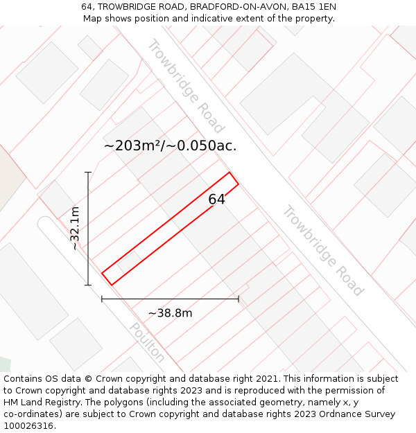 64, TROWBRIDGE ROAD, BRADFORD-ON-AVON, BA15 1EN: Plot and title map