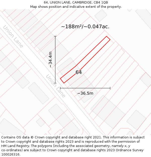 64, UNION LANE, CAMBRIDGE, CB4 1QB: Plot and title map