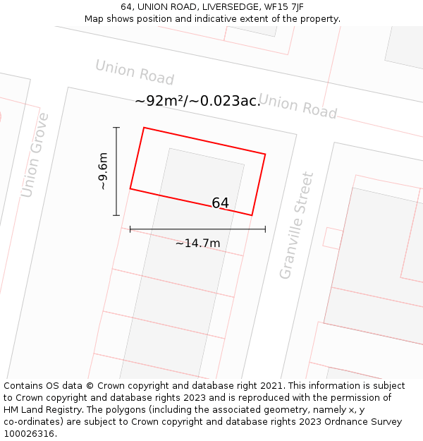 64, UNION ROAD, LIVERSEDGE, WF15 7JF: Plot and title map