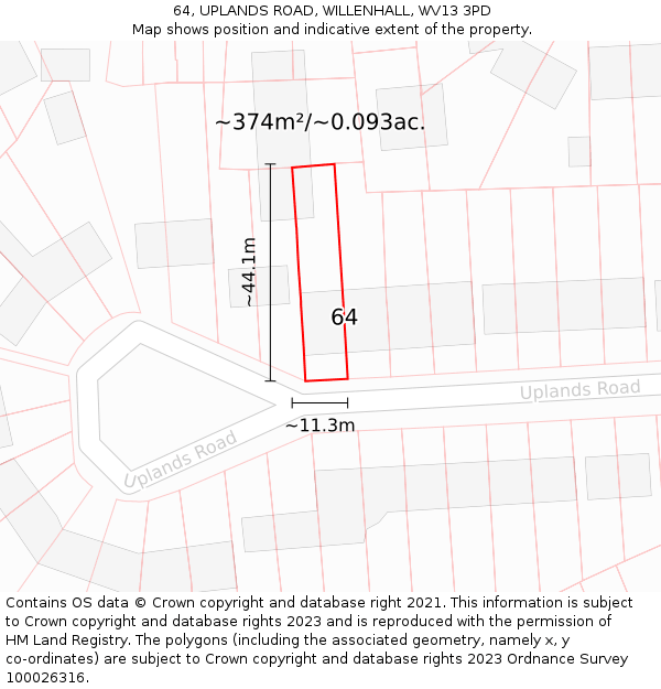 64, UPLANDS ROAD, WILLENHALL, WV13 3PD: Plot and title map