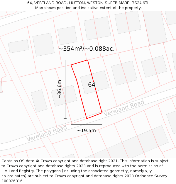 64, VERELAND ROAD, HUTTON, WESTON-SUPER-MARE, BS24 9TL: Plot and title map