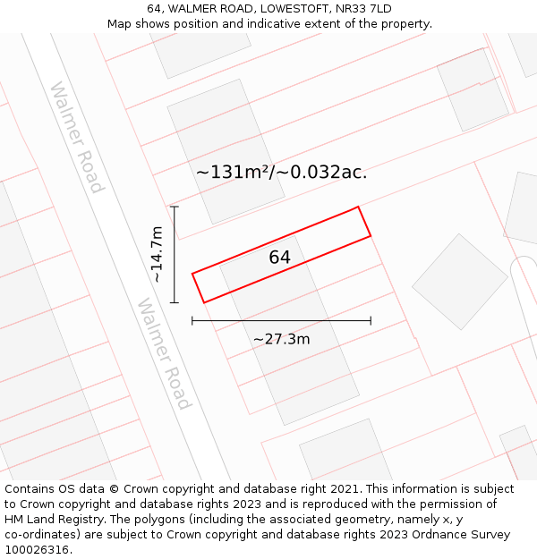 64, WALMER ROAD, LOWESTOFT, NR33 7LD: Plot and title map