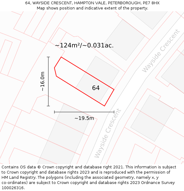 64, WAYSIDE CRESCENT, HAMPTON VALE, PETERBOROUGH, PE7 8HX: Plot and title map