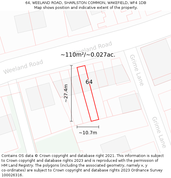64, WEELAND ROAD, SHARLSTON COMMON, WAKEFIELD, WF4 1DB: Plot and title map