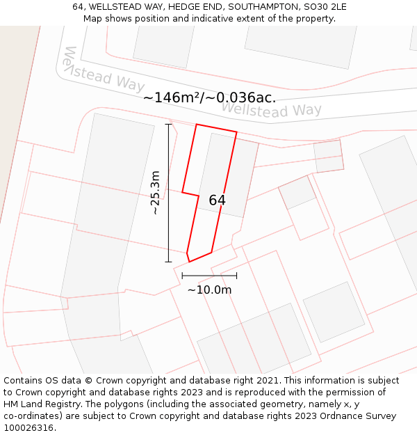 64, WELLSTEAD WAY, HEDGE END, SOUTHAMPTON, SO30 2LE: Plot and title map