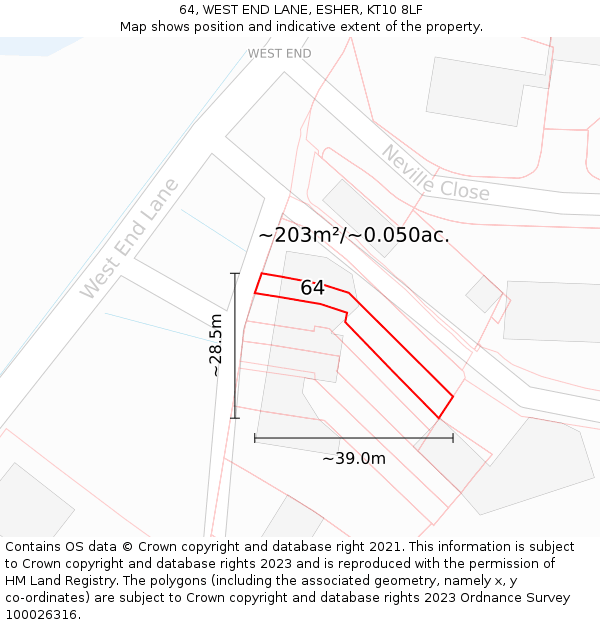 64, WEST END LANE, ESHER, KT10 8LF: Plot and title map