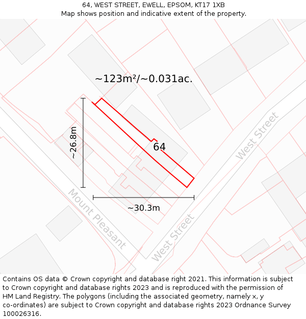 64, WEST STREET, EWELL, EPSOM, KT17 1XB: Plot and title map