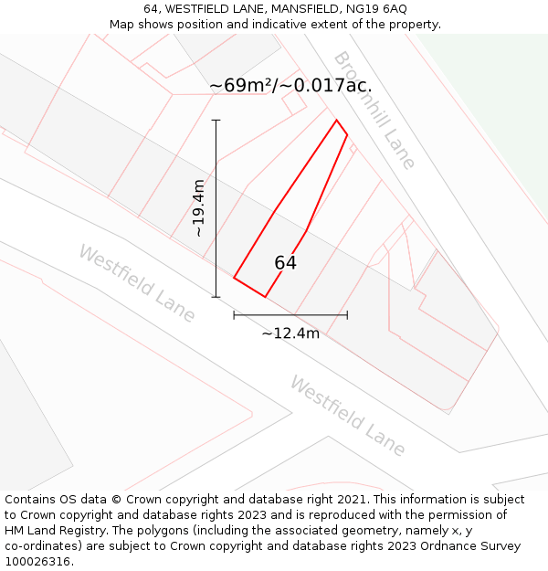 64, WESTFIELD LANE, MANSFIELD, NG19 6AQ: Plot and title map