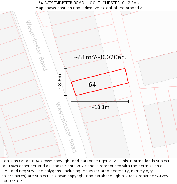 64, WESTMINSTER ROAD, HOOLE, CHESTER, CH2 3AU: Plot and title map