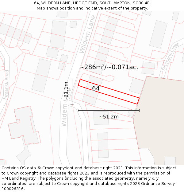 64, WILDERN LANE, HEDGE END, SOUTHAMPTON, SO30 4EJ: Plot and title map