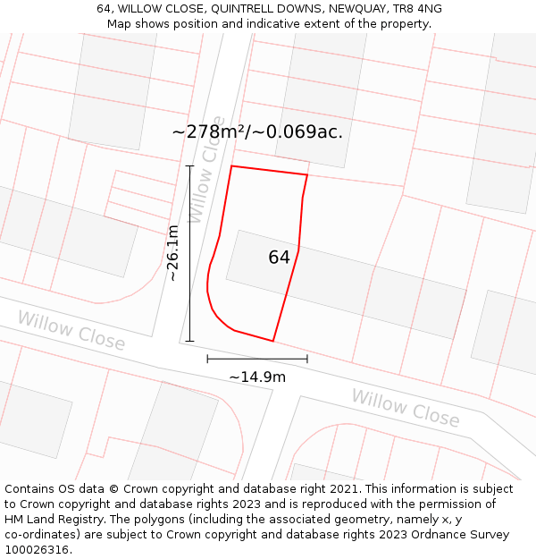 64, WILLOW CLOSE, QUINTRELL DOWNS, NEWQUAY, TR8 4NG: Plot and title map