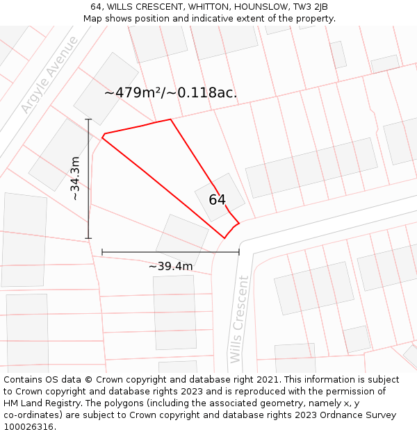 64, WILLS CRESCENT, WHITTON, HOUNSLOW, TW3 2JB: Plot and title map