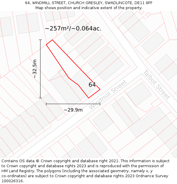 64, WINDMILL STREET, CHURCH GRESLEY, SWADLINCOTE, DE11 9PF: Plot and title map