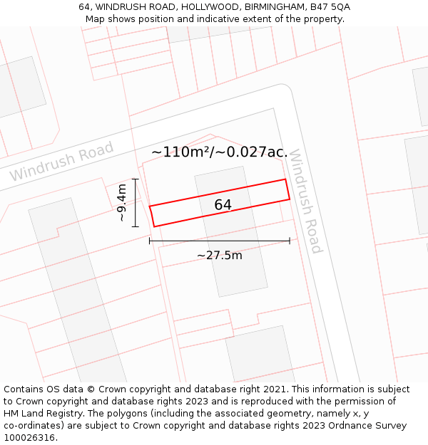 64, WINDRUSH ROAD, HOLLYWOOD, BIRMINGHAM, B47 5QA: Plot and title map