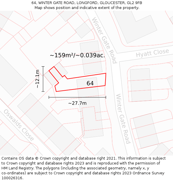 64, WINTER GATE ROAD, LONGFORD, GLOUCESTER, GL2 9FB: Plot and title map