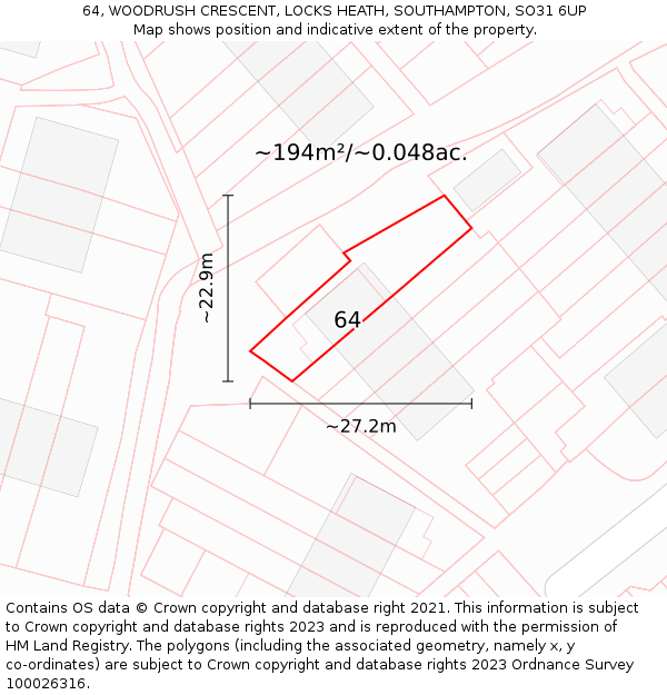 64, WOODRUSH CRESCENT, LOCKS HEATH, SOUTHAMPTON, SO31 6UP: Plot and title map