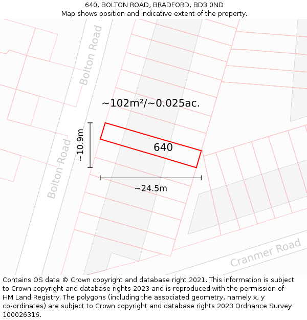 640, BOLTON ROAD, BRADFORD, BD3 0ND: Plot and title map