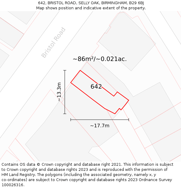 642, BRISTOL ROAD, SELLY OAK, BIRMINGHAM, B29 6BJ: Plot and title map