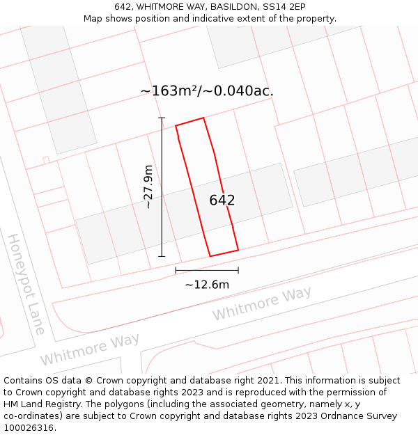 642, WHITMORE WAY, BASILDON, SS14 2EP: Plot and title map