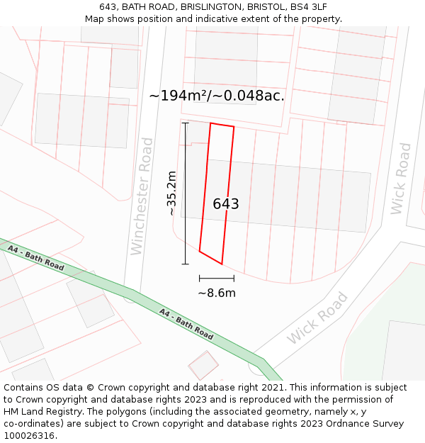 643, BATH ROAD, BRISLINGTON, BRISTOL, BS4 3LF: Plot and title map
