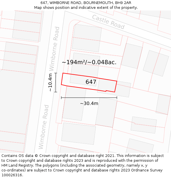 647, WIMBORNE ROAD, BOURNEMOUTH, BH9 2AR: Plot and title map