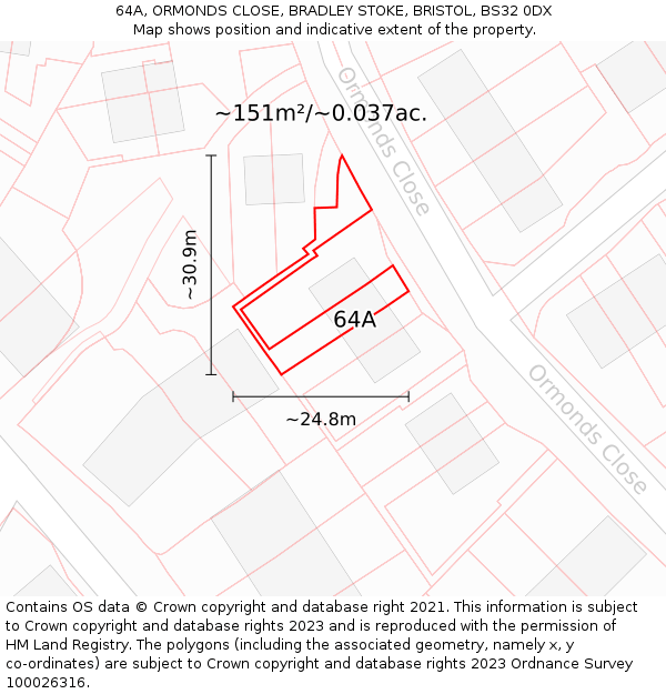 64A, ORMONDS CLOSE, BRADLEY STOKE, BRISTOL, BS32 0DX: Plot and title map