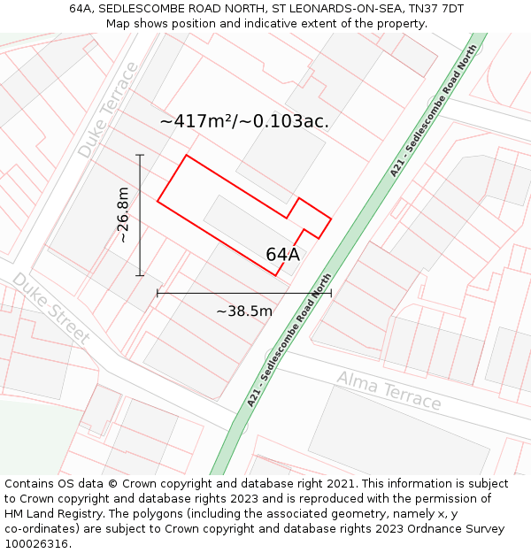 64A, SEDLESCOMBE ROAD NORTH, ST LEONARDS-ON-SEA, TN37 7DT: Plot and title map