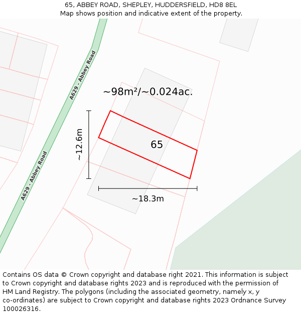 65, ABBEY ROAD, SHEPLEY, HUDDERSFIELD, HD8 8EL: Plot and title map