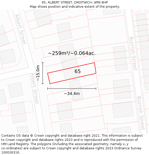 65, ALBERT STREET, DROITWICH, WR9 8HP: Plot and title map