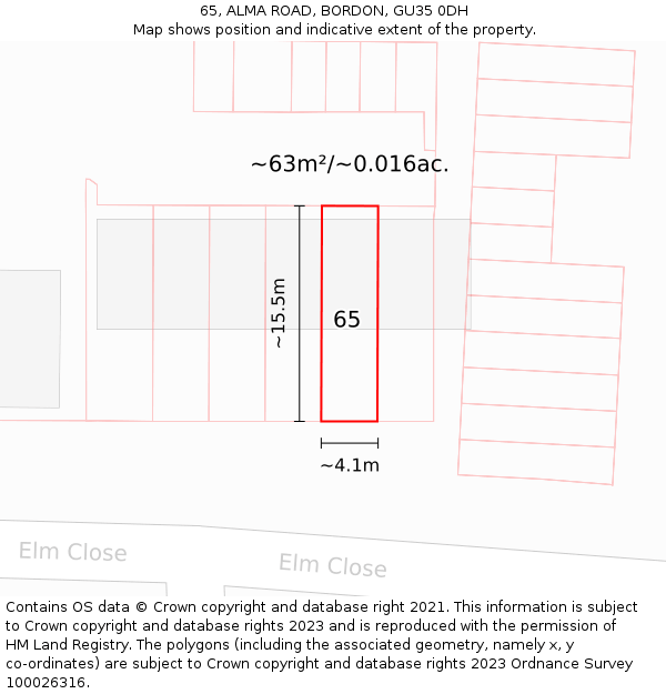 65, ALMA ROAD, BORDON, GU35 0DH: Plot and title map