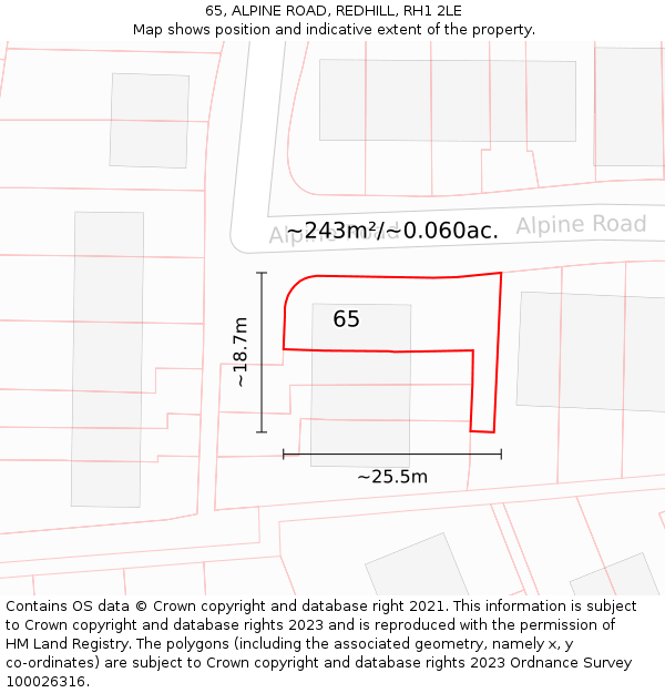 65, ALPINE ROAD, REDHILL, RH1 2LE: Plot and title map