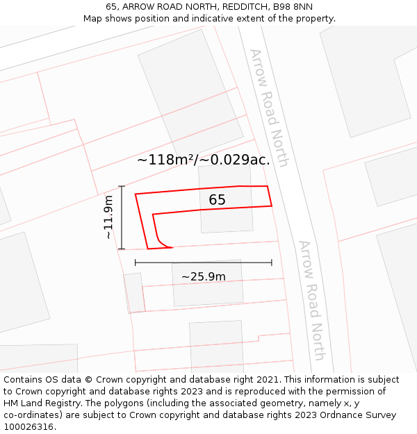 65, ARROW ROAD NORTH, REDDITCH, B98 8NN: Plot and title map
