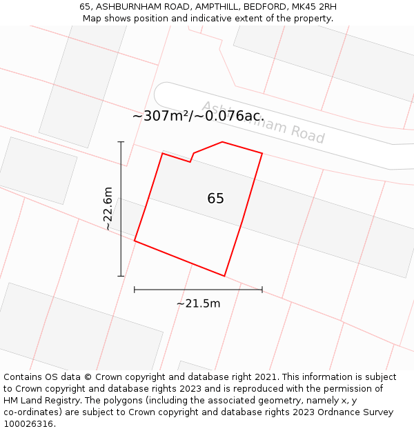 65, ASHBURNHAM ROAD, AMPTHILL, BEDFORD, MK45 2RH: Plot and title map