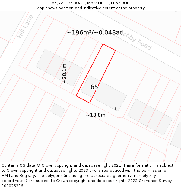 65, ASHBY ROAD, MARKFIELD, LE67 9UB: Plot and title map