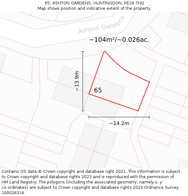 65, ASHTON GARDENS, HUNTINGDON, PE29 7HQ: Plot and title map