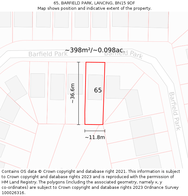 65, BARFIELD PARK, LANCING, BN15 9DF: Plot and title map