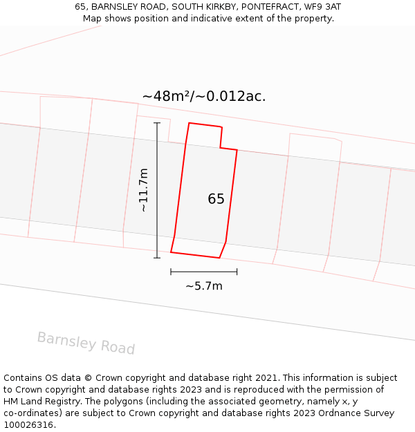 65, BARNSLEY ROAD, SOUTH KIRKBY, PONTEFRACT, WF9 3AT: Plot and title map