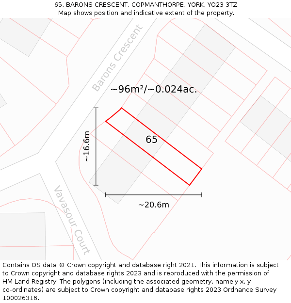 65, BARONS CRESCENT, COPMANTHORPE, YORK, YO23 3TZ: Plot and title map