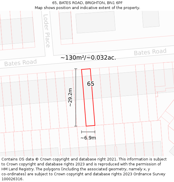 65, BATES ROAD, BRIGHTON, BN1 6PF: Plot and title map