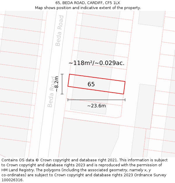 65, BEDA ROAD, CARDIFF, CF5 1LX: Plot and title map