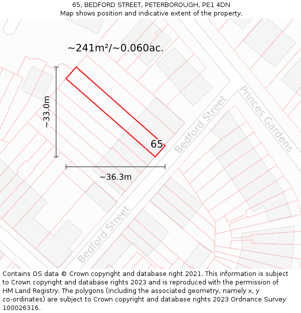 65, BEDFORD STREET, PETERBOROUGH, PE1 4DN: Plot and title map